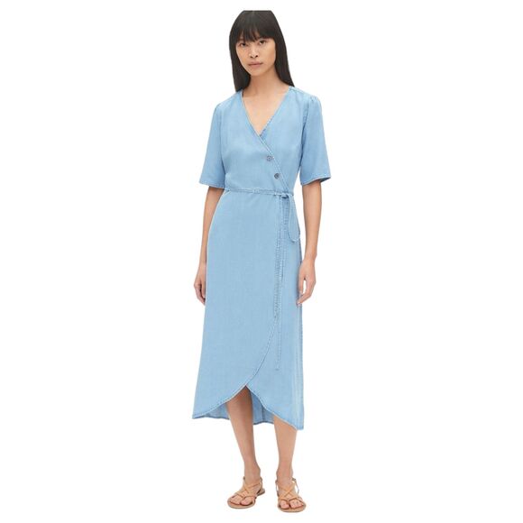 Gap Chambray Denim Side Button Wrap Dress Midi Women's Size XS - Picture 2 of 8